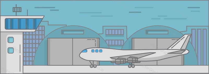 Budova letiště a letadlo na dráze vektorové ilustrace. Air terminal ploché pozadí s dopravní letadlo pohybující se na rozjezdové dráze. Příjezd odjezd Architektura