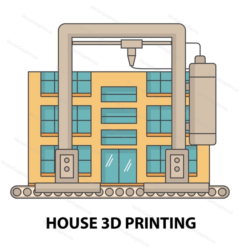 Dům 3D tisk ploché vektorové ilustrace. Home building model konstrukce making na 3D tiskárně stroje. Tiskařská technika zařízení workflow