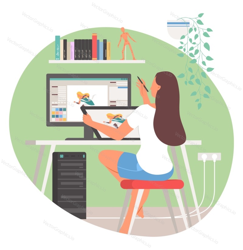 Vector graphic design. Umělkyně pracuje v kancelářské ilustraci. Žena illustrator kreslení herní aktiva pomocí počítačového softwaru v domácím pracovním prostoru. Profesionální kreativní návrhář povolání