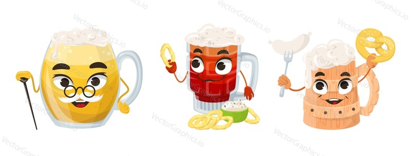 Sklenice piva charakter emoji vektorové sady. Legrační kreslené emotikony. Legrační sklo půllitr, hrnek a jar maskot izolovaných na bílém pozadí