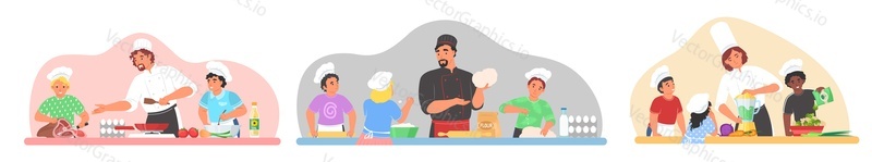 Děti Vaření třídy ploché vektorové ilustrace. Making polévka, palačinka, salát, pečení kulinářské lekce scény izolovaných na bílém pozadí