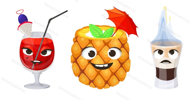 Kreativní tropický koktejl s legrační obličej vektoru. Roztomilý usmívající se exotické nápoje emotikon izolovaných na bílém pozadí. Kawaii alkoholické a nealkoholické nápoje znaková sada ikon