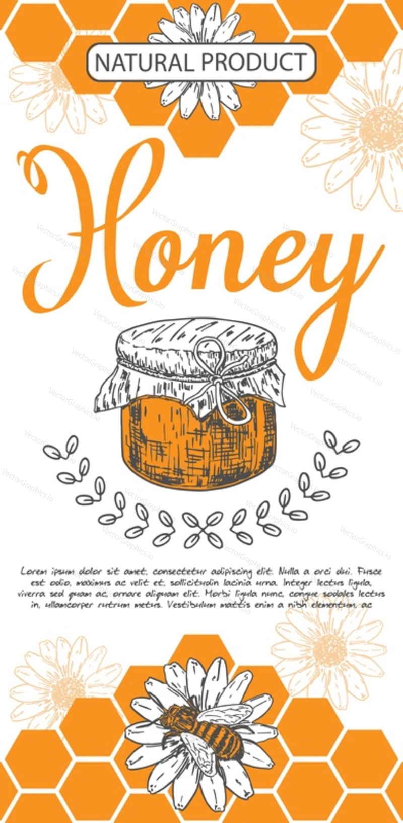 Honey flyer vector. Natural product hand drawn advertisement. Detailed engraved illustration with jar, honeycomb, bee insect and flower. Beekeeper farm promotion