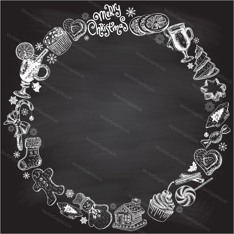 Veselé Vánoce kulaté hranice na tabuli vektorové ilustrace. Happy holiday pozadí s sladké pečivo zachází a teplé nápoje art design. Slavnostní grafický náčrt ve stylu grunge