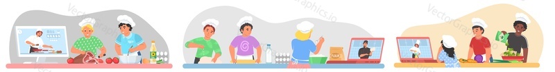 Cooking online lesson for kid vector scene set. Children learning to prepare food on internet watching education webinar from home illustration