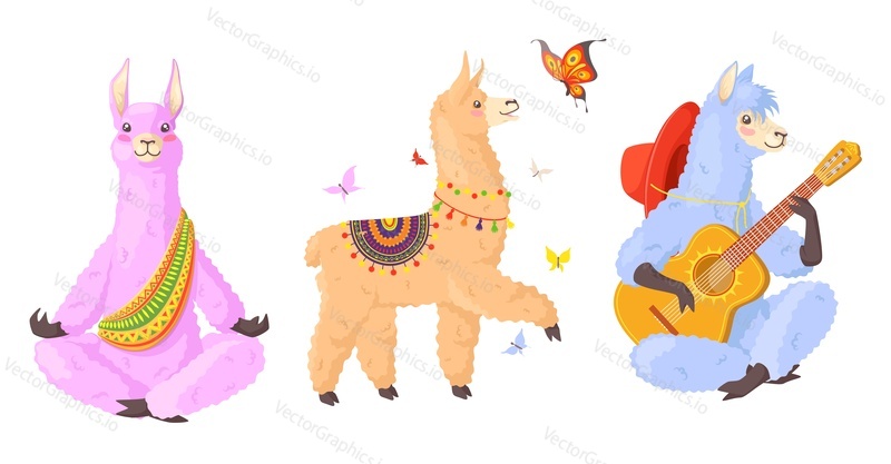 Lamas alpacas vector. Cute llama character isolated set on white background. Funny wild animal meditating, playing guitar, walking outdoors illustration