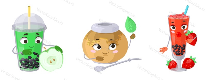 Bubble čaj pít roztomilý emoji vektorové sady. Ovocný nápoj koktejl emotikon ilustrace. Apple, jahoda a máta nápoj nálepka ikona izolovaných na bílém pozadí. Legrační tváře maskot