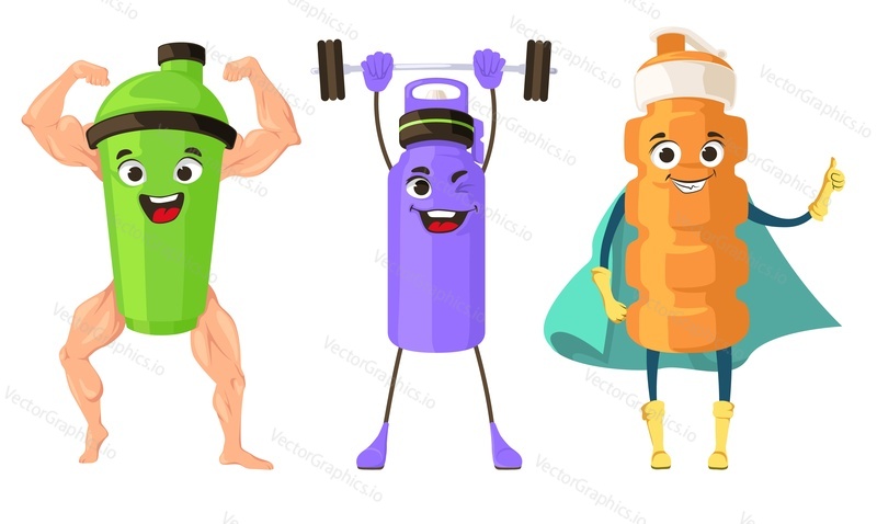 Sportovní láhev legrační kreslený emotikon vektorové sady. Komiks flask shaker cap kulturista, vzpěrač a super hrdina ilustrace izolovaných na bílém pozadí. Kawaii kreslená postavička