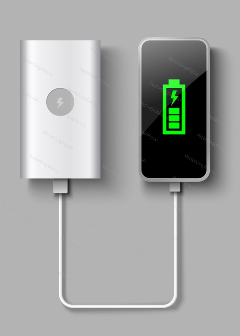 Powerbank vector. Realistic portable mobile power charger. 3d mockup battery with usb cable isolated on grey background. Phone charging via external cord illustration