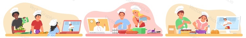 Online cooking class for children scene vector set. Kids preparing food watching master chef blogger education channel illustration isolated on white background