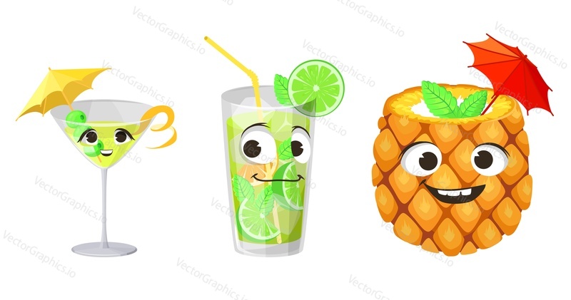 Exotický koktejl maskot kreslený obličej vektorové sady. Funky charakter s šťavnaté alkoholické nebo nealkoholické nápoje ilustrace. Antropomorfní nápoj znak izolovaných na bílém pozadí