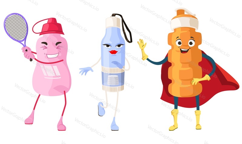 Sportovní láhve na vodu emotikon vector set. Legrační šťastný baňka shaker Cap ilustrace izolovaných na bílém pozadí. Kawaii energy food cartoon. Sportovní výživa a doplněk maskot