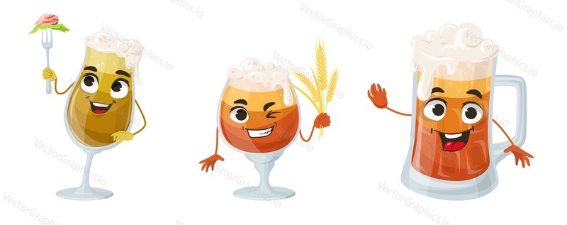 Happy beer glass mascot vector set. Funny alcohol drink emoticon illustration isolated on white background. Cute alcoholic beverage emoji icon