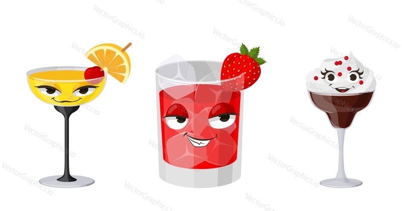 Funny cocktail kawaii face vector isolated set. Cute alcoholic or non-alcoholic beverage from summer resort bar illustration. Cartoon tropical drink smiley mascot isolated on white background