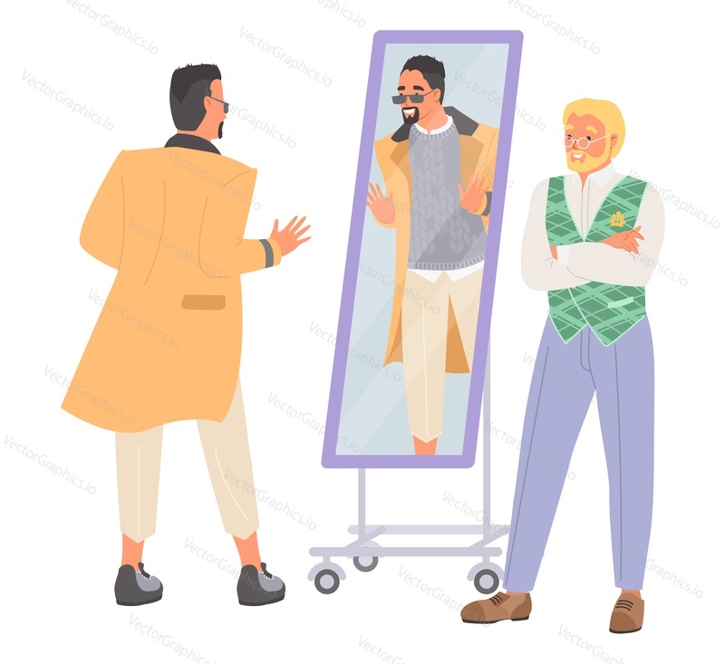 Módní stylista pracující s klientským vektorem. Osobní konzultant pomůže člověku vybrat oblečení oblečení, nové módní oblečení a styl ilustrace