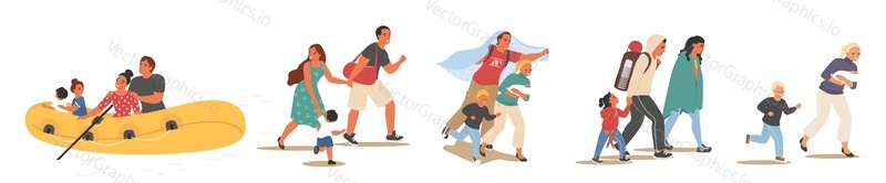 Refugee vector. People migrant run away from war or crisis on foot and by boat isolated set. Family immigrant, survival from conflict, poor hunger need help and support