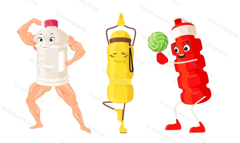 Fitness láhev na vodu emotikon plochý vektor set. Funny shaker kulturista, jogín, fotbalista ilustrace izolovaných na bílém pozadí. Kawaii kreslená postavička