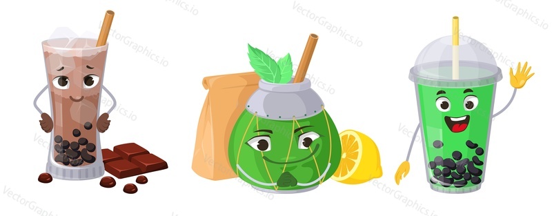 Bubble tea emoticon vector. Mate face set. Cute drink character isolated on white background. Colorful beverage with happy facial expression cartoon emoji