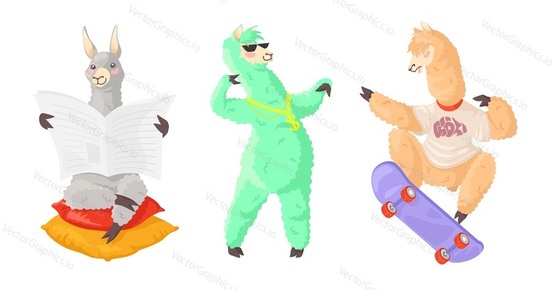 Cool lamas alpacas znak plochý vektor. Legrační bederní zvíře maskot set izolovaných na bílém pozadí. Funky furry creature skateboarding, čtení novin, rapování karikatura
