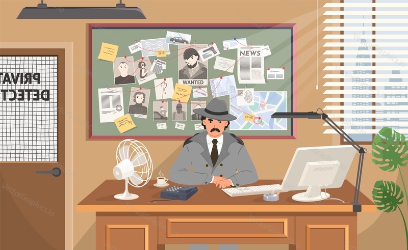 Серьезный частный детектив в офисе workspace vector. Мультяшный следователь, сидящий за столом настольная иллюстрация. Концепция поиска доказательств