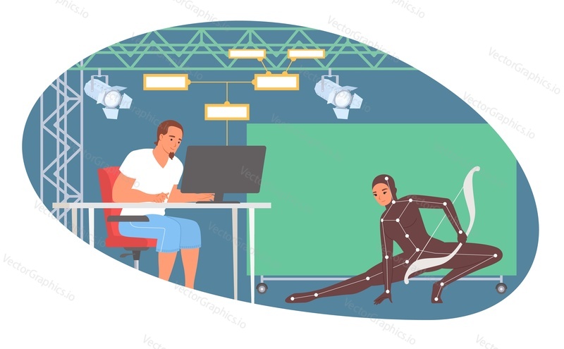 Motion capture vector. Man videographer and woman actor at work shooting film in cinema studio illustration. Actress wearing costume with markers for graphic design