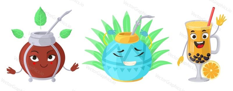 Kawaii bubble tea roztomilý emoji vektorové sady. Máta, kaktus a pomerančový nápoj emotikon izolovaných na bílém pozadí. Legrační emoji jídlo maskot ilustrace