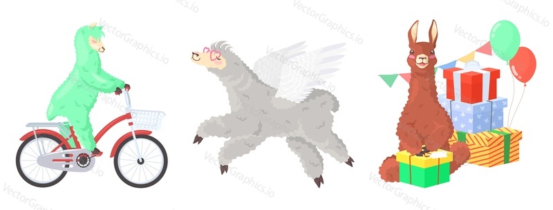 Legrační doodle lamas alpacas ploché vektorové sady. Roztomilé divoké zvíře na koni kolo, sedí na dárek boa a plovoucí jako úhel ilustrace izolovaných na bílém pozadí