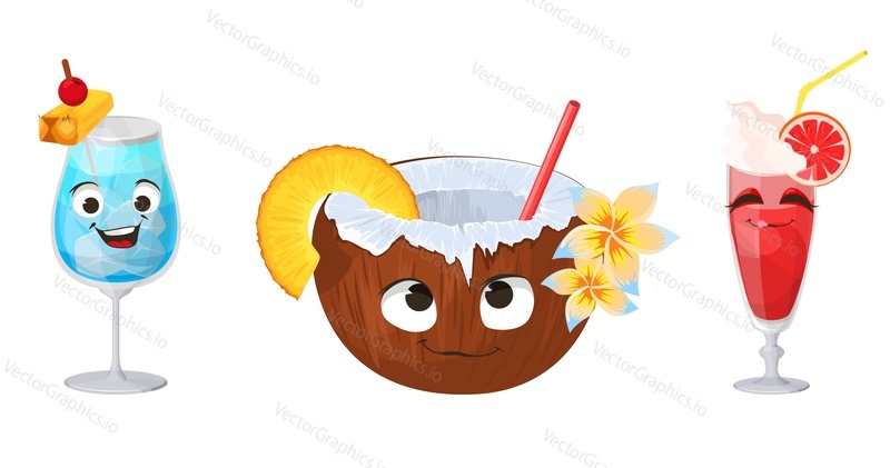 Legrační tropický koktejl plochý vektor tvář set. Roztomilý pina colada, kokos, grapefruit koktejl kawaii kreslená postavička ilustrace. Exotické nápoje emotikon izolovaných na bílém pozadí