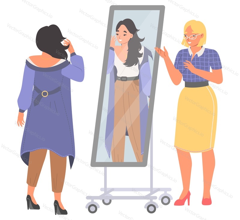 Módní stylista pracující s klientským vektorem. Konzultantka pomáhá ženě vybrat si oblečení, nové módní oblečení a osobní styl ilustrace. Nákupní a krejčovský pracovní prostor