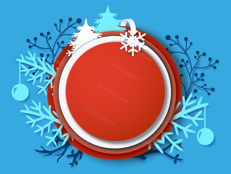 Winter round border with blank empty space vector illustration. Frame card design with graphic decoration snow, snowflake, tree branch and mistletoe berry. Merry Christmas and happy new year