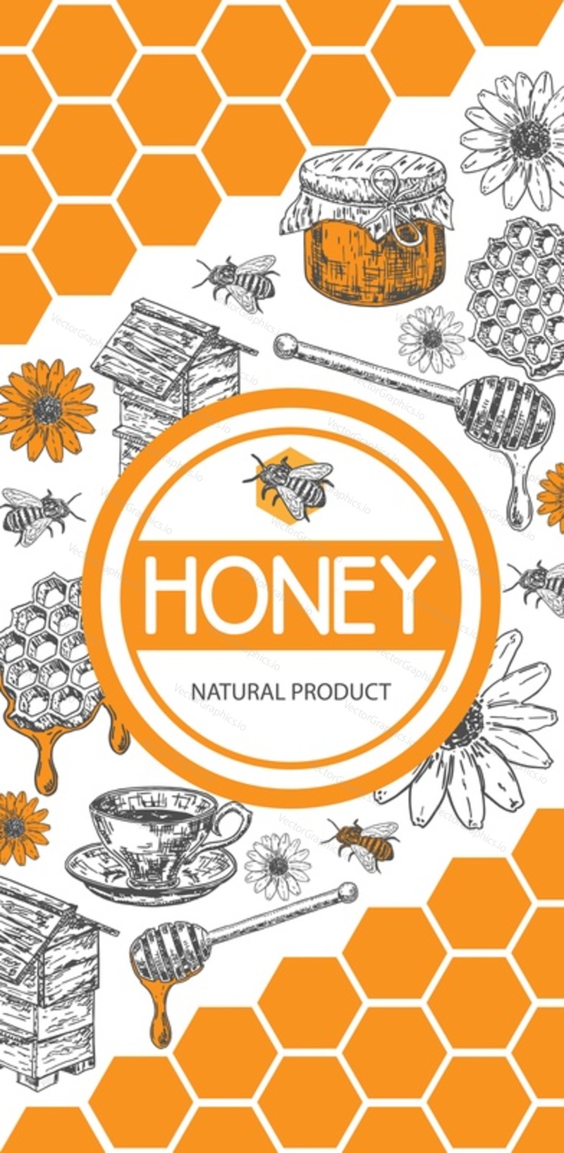 Honey flyer vector. Vintage vertical label design with various beekeeping product, honeycomb, beehive, beeswax, bees and flowers. Business promote beekeeping card