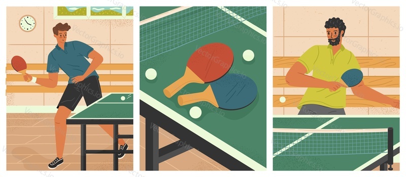 Stolní tenis sportovní plakáty vektorové set. Dva muži hrají ping pong. Míče a rakety na pingpongový stůl. Sportovní koncept ilustrace.