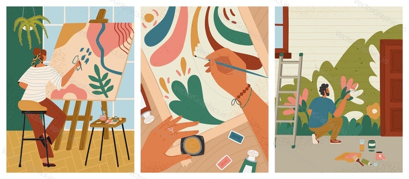 Creative artists drawing with inspiration vector set. Young woman painting on canvas, adult man painter with brush making picture on house wall illustration. Hobby in studio workshop