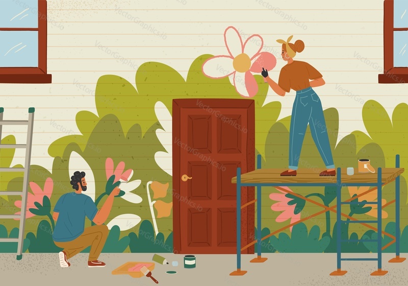 Vector male and female painting on house wall. Mural artist at work illustration. Floral drawing creation on building apartment. Art hobbies, exterior design artwork