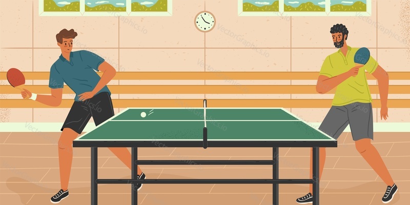 Stolní tenis sport vektorové ilustrace. Dva muži hrají ping pong. Sportovní koncept. Krytý kurt pro stolní tenis.