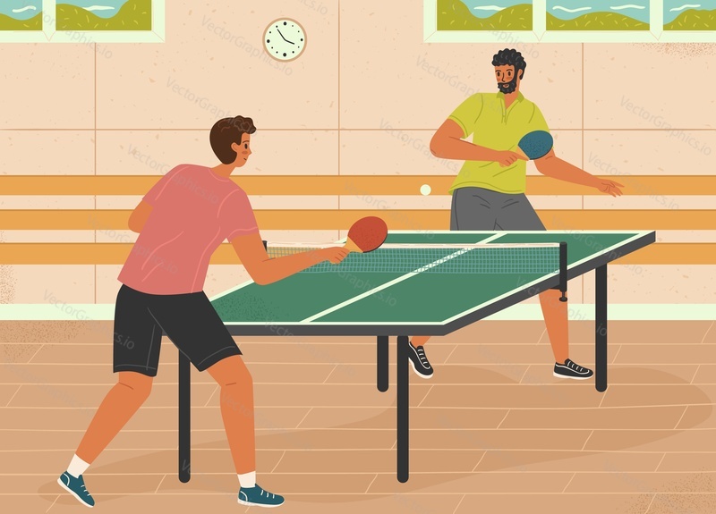 Dva muži hrají ping pong. Stolní tenis sport vektorové ilustrace. Krytý kurt pro stolní tenis.