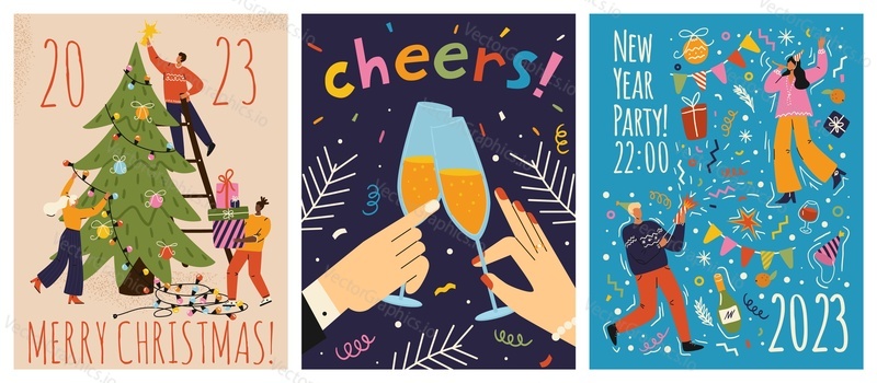 Merry christmas and happy new year greeting cards template. Vector set of winter holiday illustrations in vintage style. People decorate christmas tree. 2023 new year hand drawn poster.