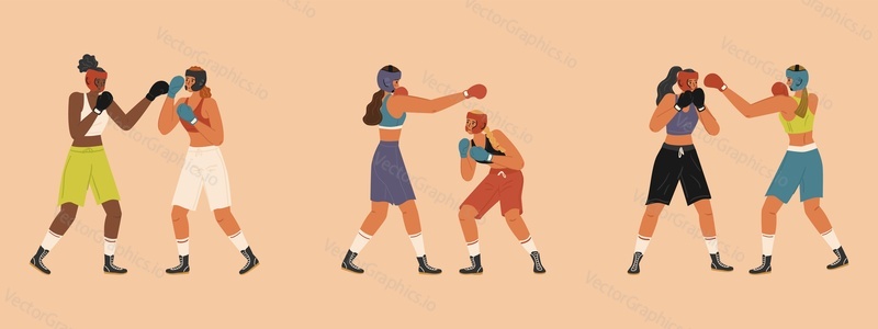Portrait of two female professional boxers characters isolated vector illustration. Woman athletes in boxing gloves sparring. Sport combat training concept.