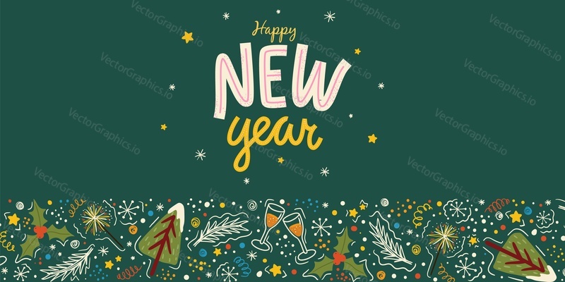 Merry christmas and happy new year background template and banner. Winter holiday vector illustration in vintage style. Christmas tree and toys. 2023 new year hand drawn card.