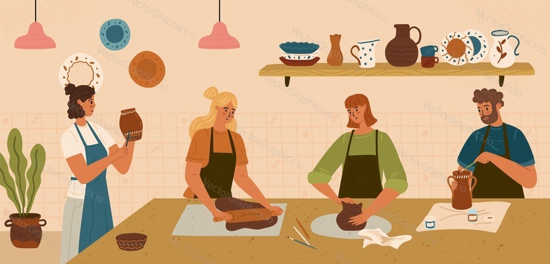 Men and women making ceramic jugs and pots at pottery workshop. People enjoying their craft hobby. Clay handicraft workshop vector illustration.