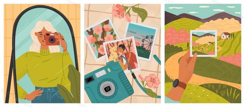 Young girl taking selfie in front of mirror. Instant photo camera vector posters set. Photos from romantic couple date. Hand holding photo with countryside lanscape on background.