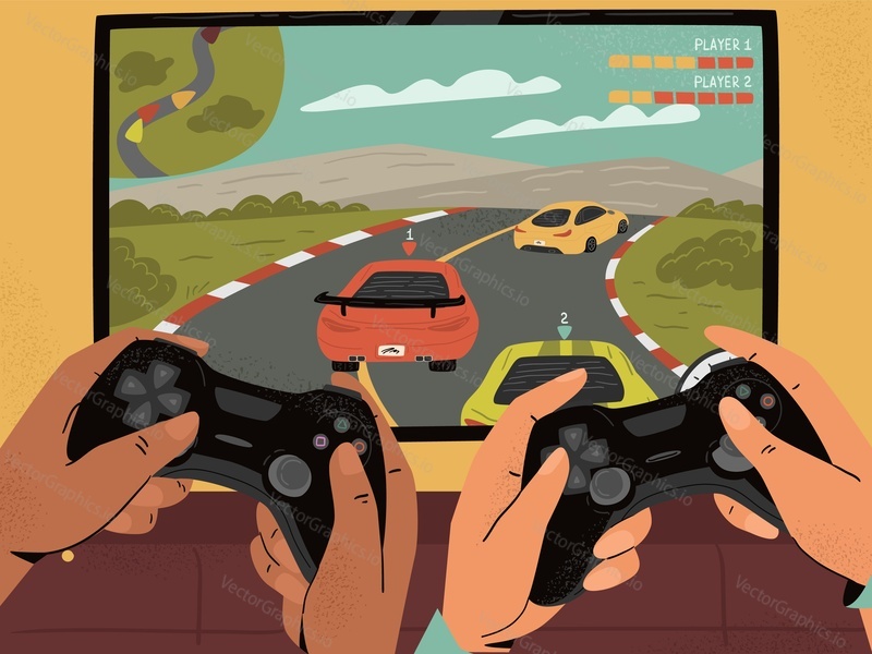 Kluci ruce drží gamepad přední části televizoru nebo obrazovky počítače s videohrou vektorové ilustrace. Muži hrají automobilové závodní videohry na konzolové stanici. Lidé herní soutěž challenge
