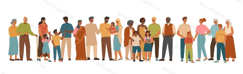 Diverse group of people isolated on white background, vector illustration. People of different race and nations standing together. Multiethnic and multicultural community. Multiracial family.