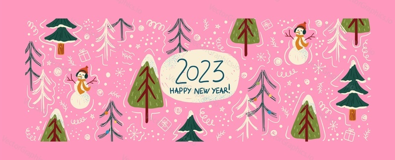 Merry christmas and happy new year background template and banner. Winter holiday vector illustration in vintage style. Christmas tree and toys. 2023 new year hand drawn card.