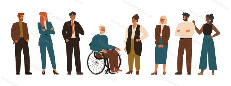 Multinational business team, concept vector illustration. Diverse group of people, men and women of various ethnic and ages in office outfits. Characters isolated on white.
