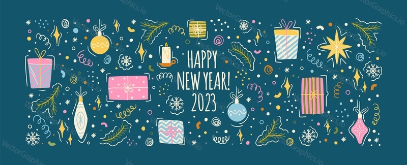 Merry christmas and happy new year background template and banner. Winter holiday vector illustration in vintage style. Christmas tree and toys. 2023 new year hand drawn card.