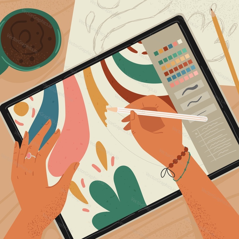 Graphic designer using digital tablet vector illustration. Artist painting with stylus pen or pencil on drawing application. Closeup creating process, workplace overhead