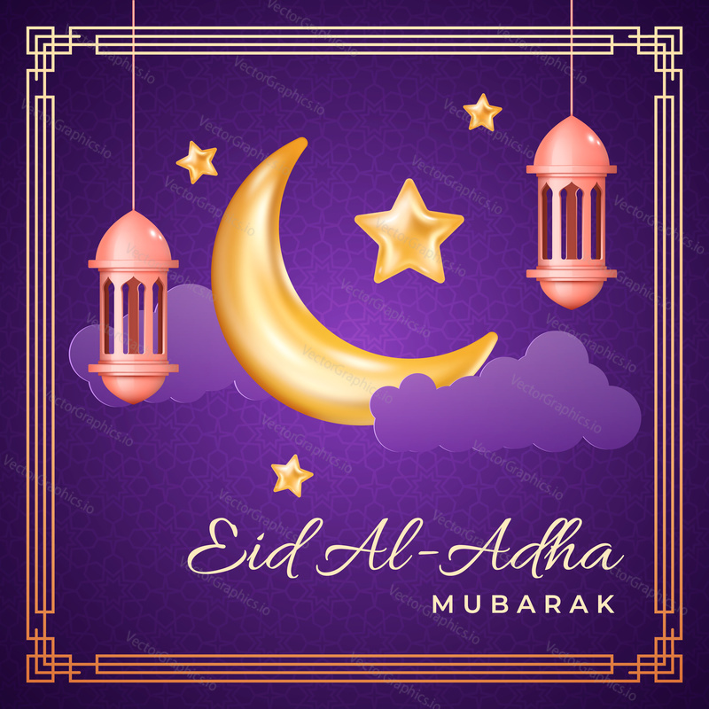 Eid al Adha karty design ve 3D moderním vektorovém stylu. Islámský sváteční banner Eid Mubarak s lucernou ramadánu a Měsícem. Ramadán muslimská dekorace a fialové barevné pozadí.