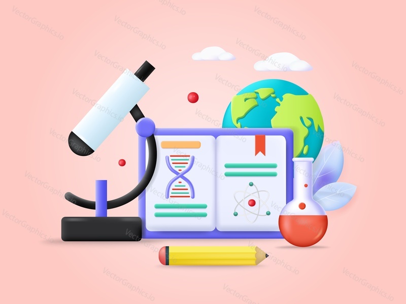 Science book school poster. Education 3d vector. Flyer layout design. Technology and chemistry illustration brochure cover template. Creative chemical background