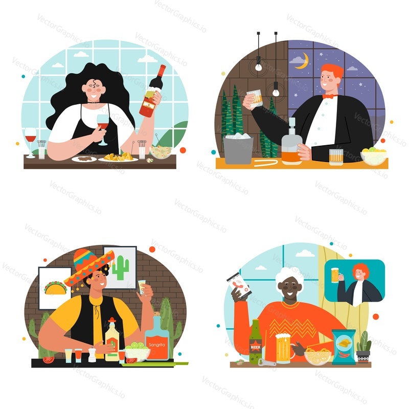 People drinking wine, whisky, beer and tequila vector set. Different national beverage for lunch or dinner, friends online meeting on weekend illustration. Traditional drinks concept
